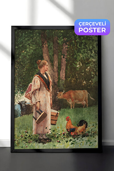 Zestia Pictură murală de artă clasică cu ramă neagră, Fetița lăptărească și v...