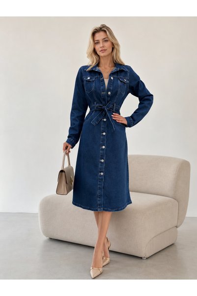 SHEVEGA Kadın Lacivert Uzun Kollu Düğme Detaylı Denim Kot Elbise