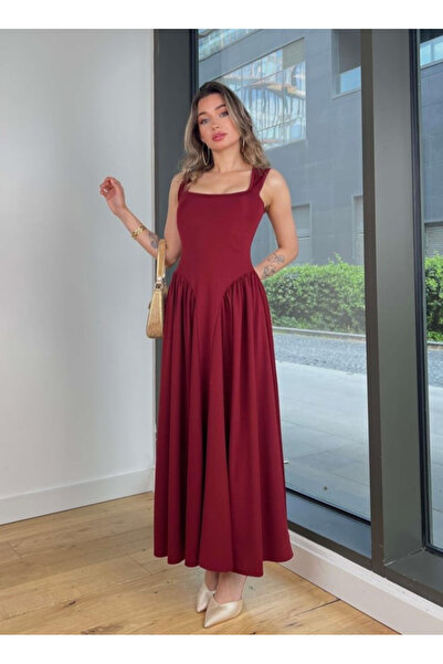 My Blog Burgundy Thick Strap Square Neck Waist Detailed Dress - 2Y4815