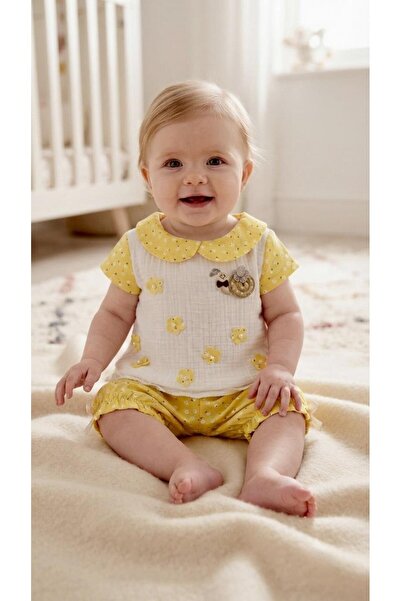 Sinem Çeyiz Hıppıl 0436 Baby Girl Yellow Daisy Pearl Shorts Set'6 Months'