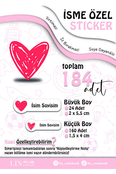 lin notebook İsme Özel Kalem Defter Okul Etiketi, Sudan Etkilenmez, Pembe Kır...