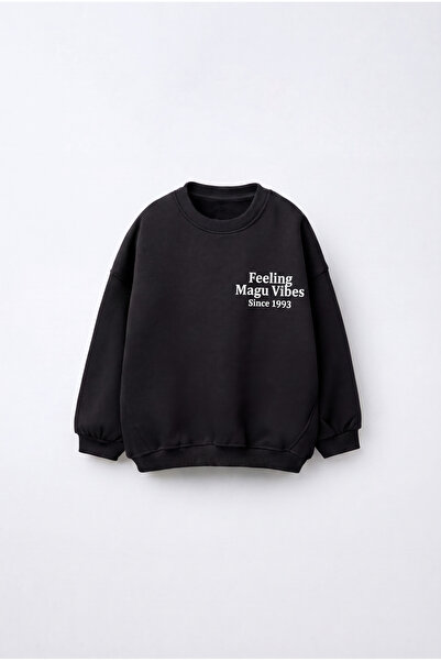 Magu Children's Cotton Minimal Text Printed Black Sweatshirt