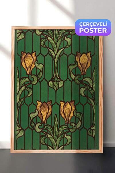 Zestia Art Nouveau zidna slika sa drvenim okvirom, vitražni uzorak tulipana n...