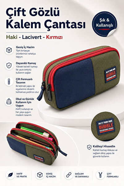 GÜZELYÜZ AVM Kalem Çantası Kalemlik İki Bölmeli Haki - Lacivert Renk Kalem Ku...