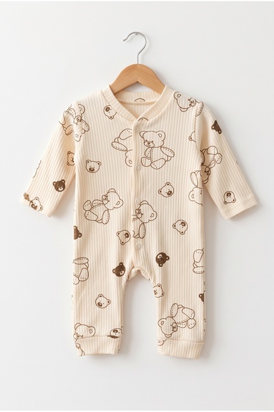 hobbe baby Ayıcık Desenli Bebek Tulumu 3-6-9 Ay % 100 Pamuk