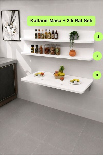 Kydonia Home Duvara Monte Kırma Katlanır Mutfak Masası ve 2’li Raf Seti 60x11...