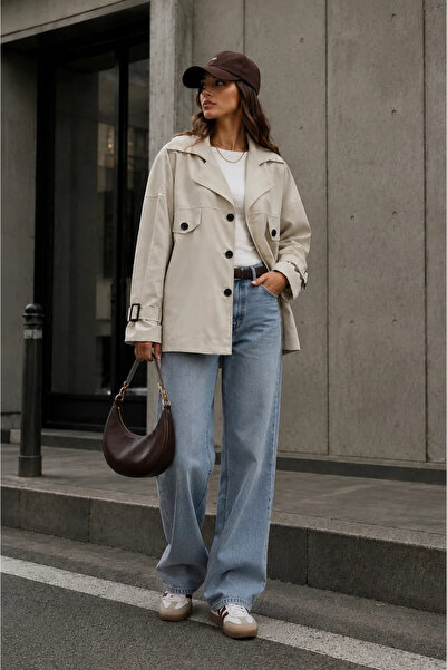 Moda Algan Oversize Kısa Trençkot MA10065 Taş rengi