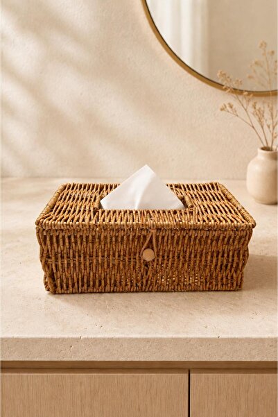 İLİVA Stylish Napkin Holder Box - Rattan Rectangular Napkin Holder with Lid