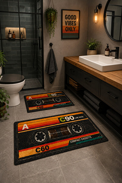Serteks Retro Kaset Desenli Yıkanabilir Kaymaz Taban 2li Banyo Paspas Seti Ba...