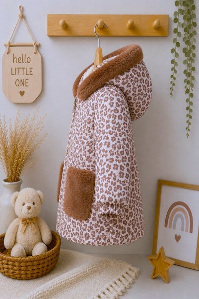 DeKuBaby Yeni Sezon Leopar Desenli Kapüşonlu İçi Peluş Kürklü Fermuarlı Kalın Kışlık Şişme Kız Çocuk Mont-Kaban