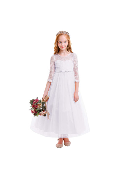 OtherMax Rochie Maxi Elegantă de Ocazie pentru Fete, din Dantelă, Albă, 140 c...
