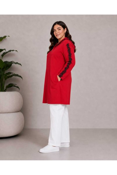 EMEZ Red Lace Detailed Long Cardigan Sweatshirt