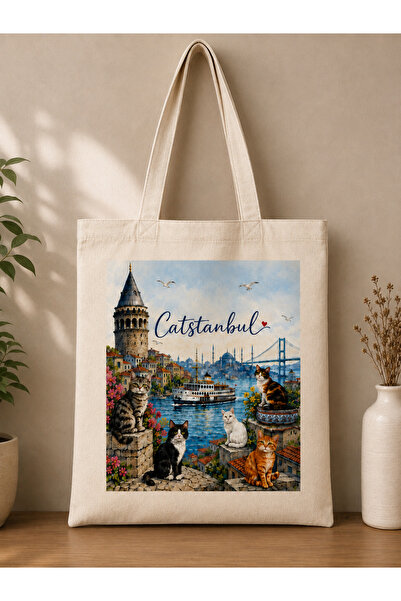 Tomris Hatun Catstanbul, Istanbul Themed; Raw Fabric Bag, Sublimation Printin...