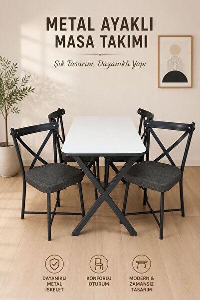 BAMBEDS MOBİLYA 70x110 cm 4 Kişilik Mutfak Masası ve Siyah Sandalye Takımı Ye...