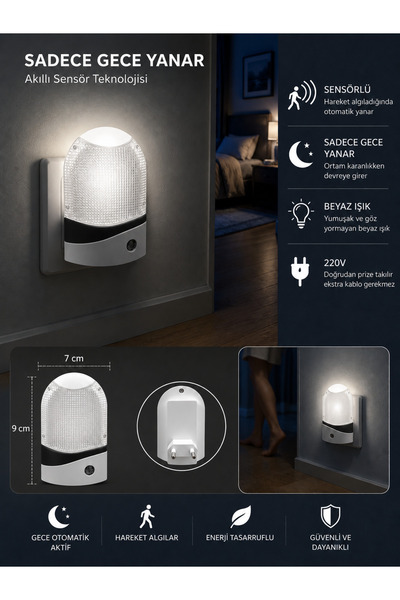 kialed Siyah Sensörlü LED Gece Lambası 220V Prize Takılan Otomatik Gece Yanan Beyaz Işık 9x7 cm