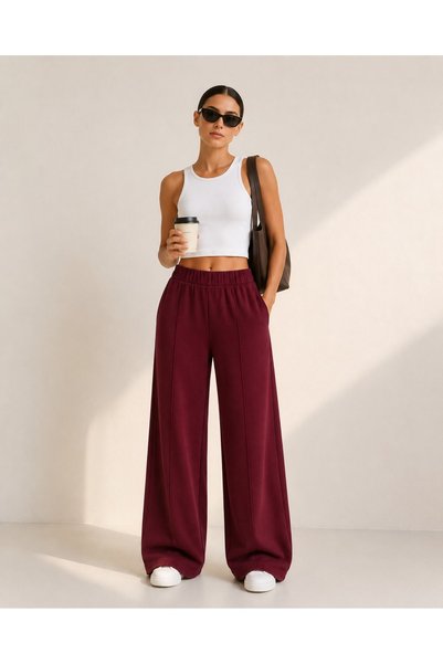 Grenj Fashion Pantaloni largi Burgundy Soft Touch cu talie elastică, detaliu cusut în față și buzunare