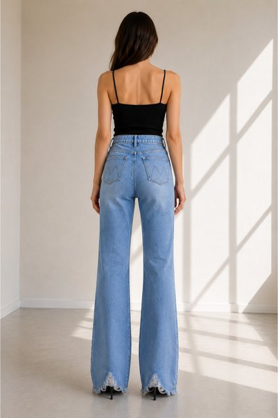 Generic Brand Ar66 Women's Light Blue High Waist Fringe Detailed Bootcut Jean Trousers