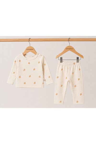altıntop bebe Ecru Carrot Patterned Double Baby Home Wear and Pajama Set 100% Cotton Unisex