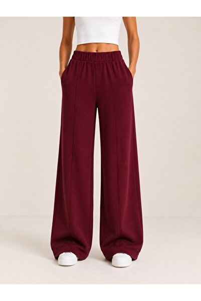 Grenj Fashion Burgundy Soft Touch Wide Leg Trousers with Elastic Waist, Front...