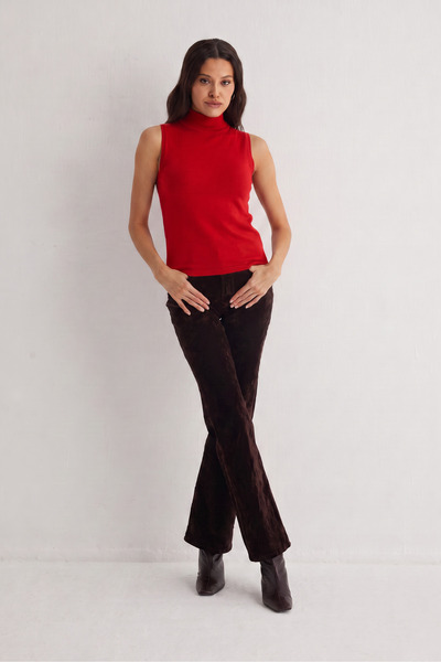 Silk and Cashmere Kırmızı Pera Saf Kaşmir Boğazlı Kolsuz Triko