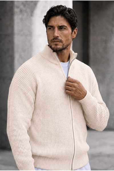 Valiberta Woody Oversize Selanik Knitted Zippered Men's Cardigan - Stone