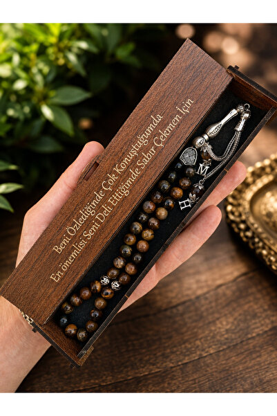 KANUNİ TESBİH Tiger's Eye Stone Prayer Beads with Wooden Box and Letters