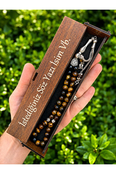 KANUNİ TESBİH Tiger's Eye Stone Prayer Beads with Wooden Box and Letters