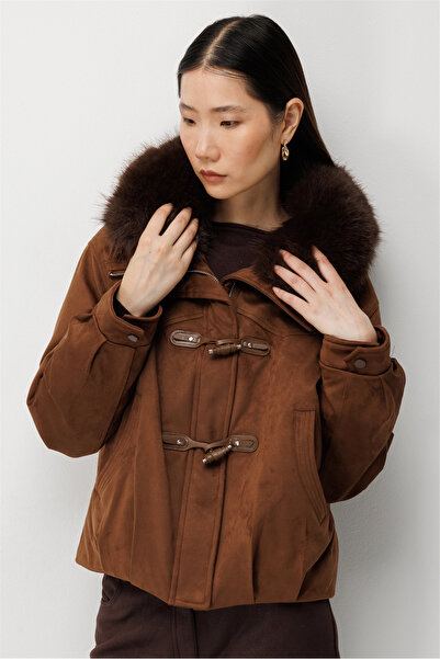 Ekol Fur Collared Suede Coat 7903