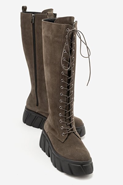 Zeynep Sıradağlı Harpenil Women's Genuine Leather Lace-Up Thick Sole Boots Kh...