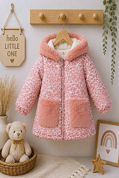 DeKuBaby New Season Leopard Patterned Hooded Plush Fur Inside Zippered Thick ...
