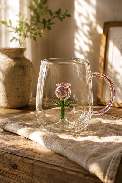 House Bird Güllü Cam Kupa 350 ml Pembe Kulplu Çiçek Figürlü Kahve Çay Bardağı...