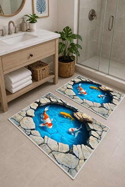 Serteks Balık Desenli Yıkanabilir Kaymaz Taban 2li Banyo Paspas Seti Banyo Ha...