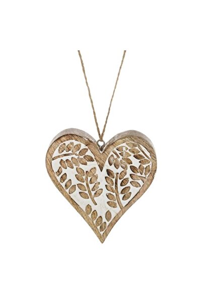 CATIANO Inima Decorativa din Lemn Suspendata cu Model Sculptat Frunze 12.5x13cm