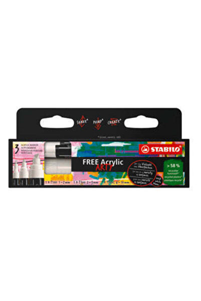 Stabilo Marker acrilic Free Acrylic Mix, T100, T 300, T 800, 3 bucăți/set, alb