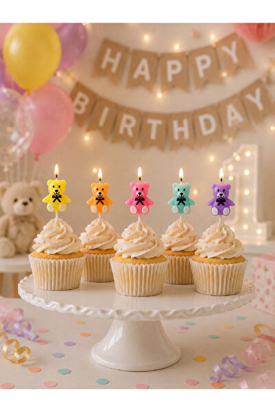 Magique Party Ayıcık Figür Macaron Renkli Mum Seti - 5li
