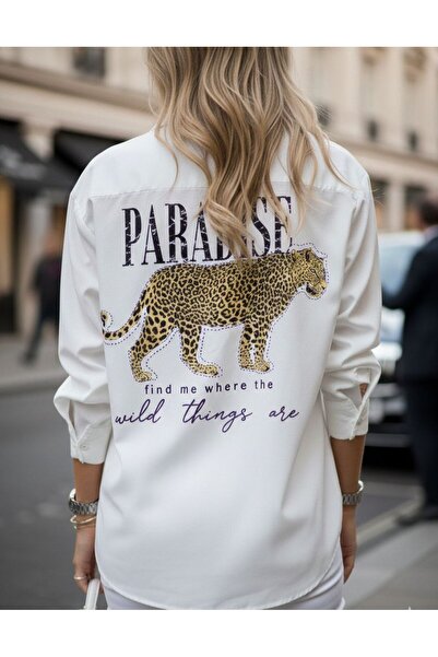 LOKADI Women's White Stone Embroidered Leopard Print Poplin Shirt