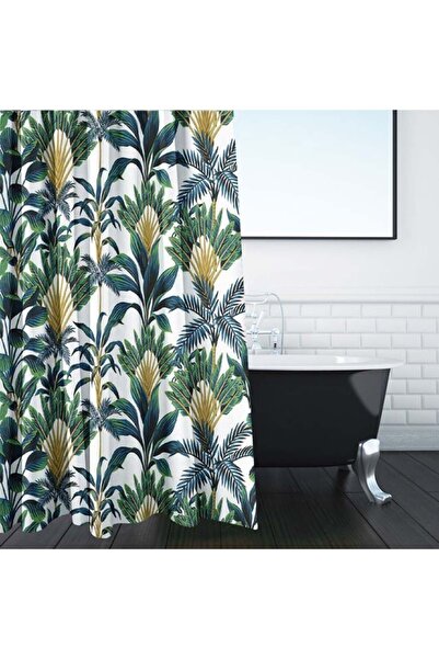 CATIANO Perdea Dus Alba cu Model Frunze Tropicale Mari Verzi 180x180cm