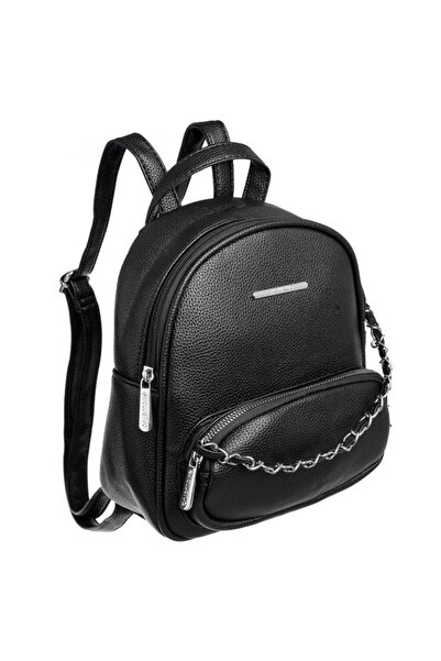 CATIANO Rucsac Dama Negru cu Lant & Fermoar de Culoare Argintie 21x8x23cm