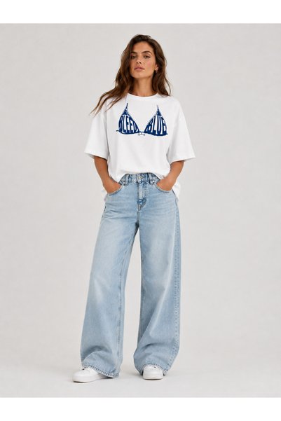 The Vibe Concept Women's Oversize White Bikini Graphic Printed T-Shirt