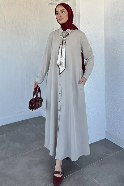 TOZLU Stone Buttoned Hijab Dress with Scarf Accessories
