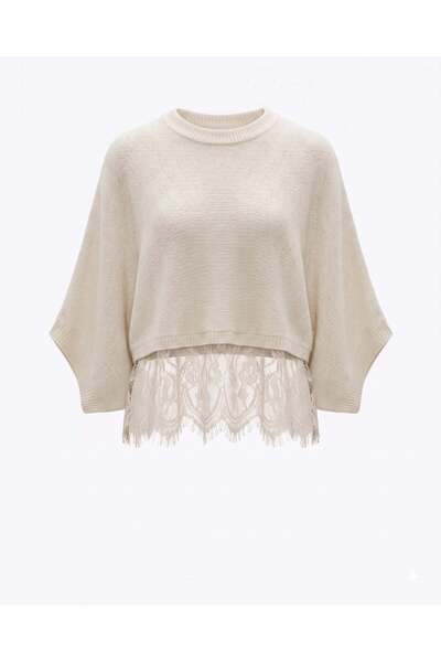 Bade Butik Ecru Lace Detailed Bat Sleeve Blouse