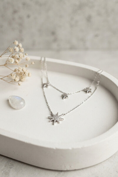 Clariss Brass Silver Color Zircon Stone Pole Star Model 2-Piece Women's Necklace