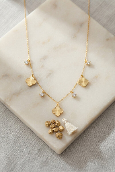 Clariss Brass Gold Color Zircon Stone Clover Model Women's Necklace