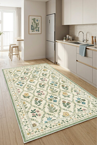 Decomia Home Dijital Kaymaz Yıkanabilir Çiçek Desenli Salon Halısı Mutfak Halısı Koridor Halısı