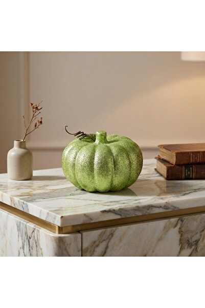 Ornament24 Dovleac decorativ cu sclipici verde si frunza verde, decoratiune d...