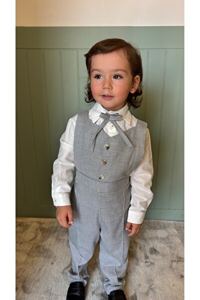 favorimkids Milano Soft Gray Soft Textured Overalls Cotton Shirt Bow Tie 3-Pi...