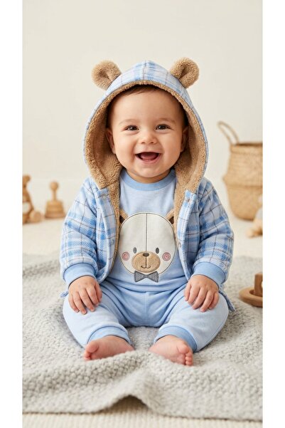 MİLAYS LİFE HOME COLLECTİON 0-3 Months Baby Boy Furry Ears Bear Embroidered C...