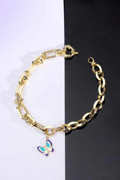 innuendo jewelery 925 Ayar Gümüş Mavi ve Beyaz Mineli Kelebek Charm Zincir Bi...