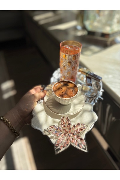 LUXURY Turuncu Taşlı Çiçek Detaylı Kahve Yanı Sunum Peçetesi | Şık Çeyizlik K...