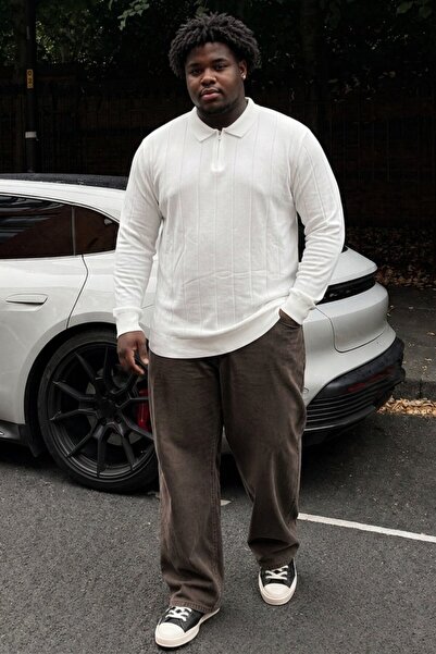 Maccali Men's Plus Size White Polo Collar Striped Sweatshirt